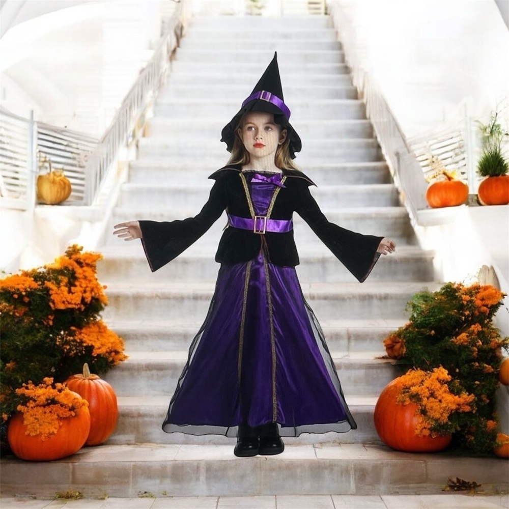 Girls Purple and Black Witch Costume – Halloween & Performance Dress (Size 140)